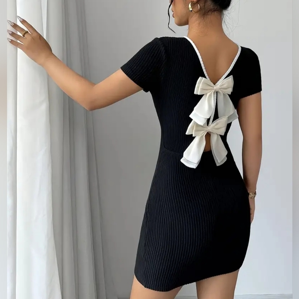 Black Backless Ribbed Dress with Cream Bow Detail